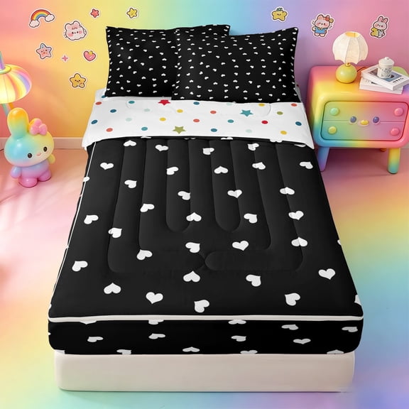 Erosebridal Sweet White Heart Zipper Twin Comforter Sets with Fitted Sheet and 2 Pillowcases,Tiny Dot Plain Solid Backdrop Zipper Bedding Set For Girls,Polkadot Reversible,4 Pieces
