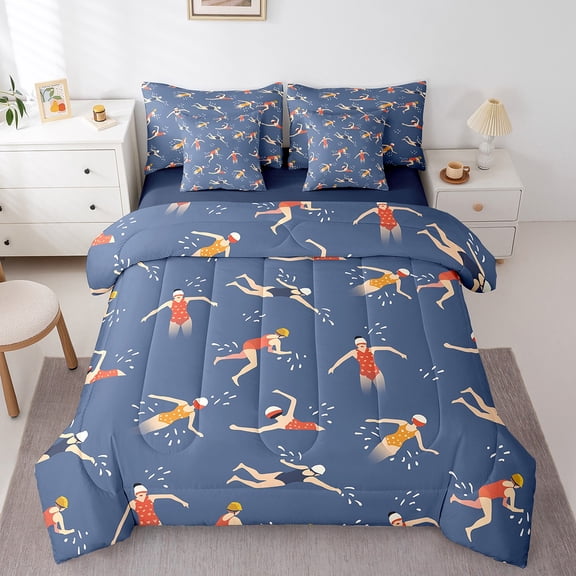 Erosebridal Swimming Bed in a Bag Queen Size, Summer Sports Theme Bed Set, Swim Bed Sheets Setp with Comforter Ultra Soft Room Decorative, Reversible 7 Pieces