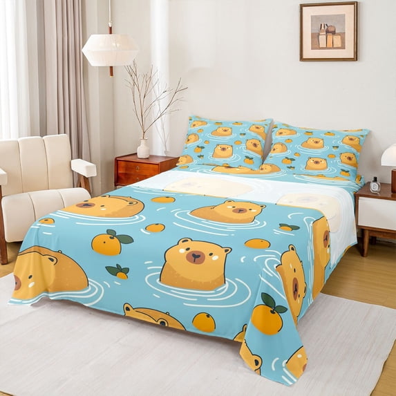 Erosebridal Swimming Capybara Kid Full Size Sheets, Summer Animal Bed Sheets, 4pcs
