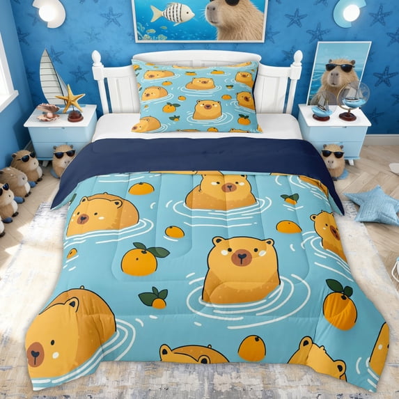 Erosebridal Swimming Capybara Kid Twin Comforter Sets, Summer Animal Bedding Set, 2pcs, Blue Reversible