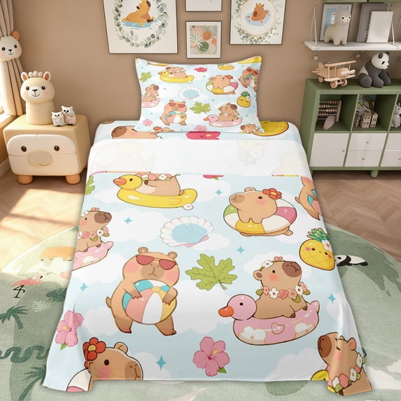 Erosebridal Swimming Capybara Kid Twin Sheet Sets, Summer Ocean Seashell Bedding, 3-Piece