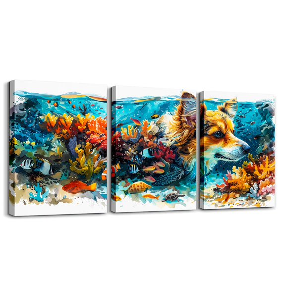 Erosebridal Swimming Dog Canvas Wall Art for Bedroom, Watercolor Fish Coral Wall Decor for Bathroom, Summer Theme Room Decorative
