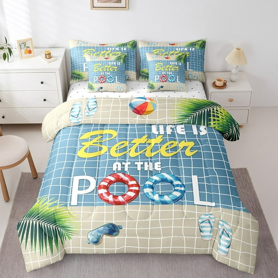 Erosebridal Swimming Pool Bedding King Size, Summer Sport Comforter Sets with Sheets, Flip Flop Slippers Life Buoy Home Decorative, Reversible 7-Piece