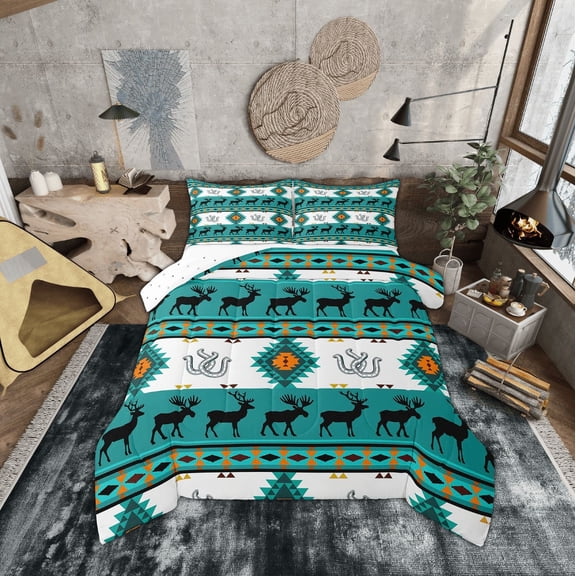 Erosebridal Teal Aztec Bedding Sets Twin with Comforter, Hippie Farmhouse Lodge Cabin Duvet Insert, Moose Print Room Decor, Reversible 2 Pieces