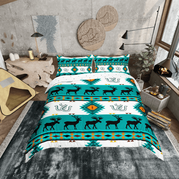 Erosebridal Teal Aztec Duvet Cover Twin, Hippie Farmhouse Lodge Cabin Bedding Sets Twin Size, Moose Print Room Decor, Reversible 2 Pieces (No Comforter)