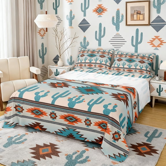 Erosebridal Teal Aztec Queen Sheet Sets, Bohemian Cactus Bed Set, 4pcs 1 Flat Sheet, 1 Fitted Sheet and 2 Pillowcases