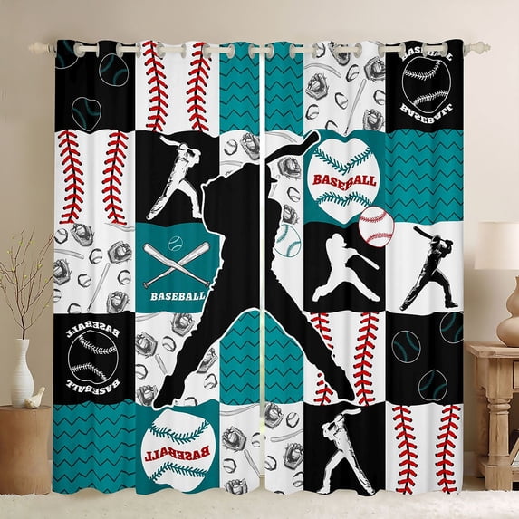 Erosebridal Teal Black Baseball Curtains Pack of 2 (42x84 Each), Sport Curtains Blackout for Boys and Girls