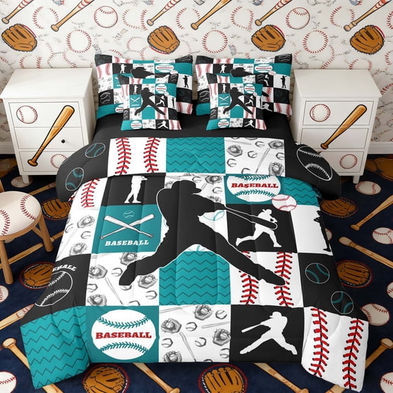 Erosebridal Teal Black Baseball Patchwork Twin Bedding Sets, Sport Bedding Comforter Set for Boys and Girls, Black Reversible 7 Pieces