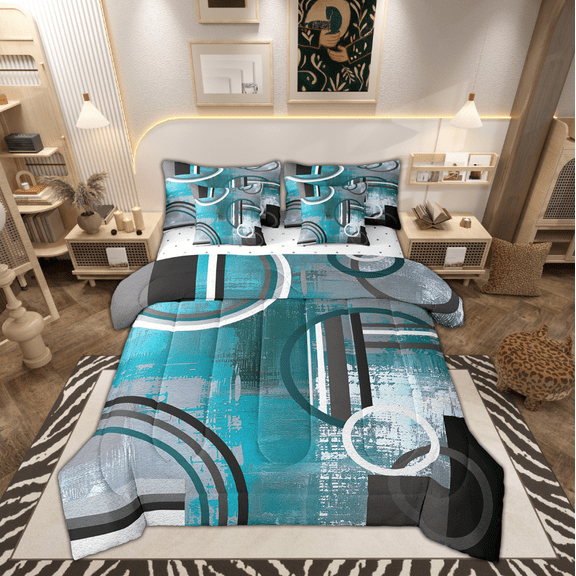 Erosebridal Teal Blue Green Gray 7 Piece Comforter Set Queen Size,Grunge Oil Painting Style Bed in a Bag,Modern Geometric Swirls Down Comforter,Abstract Circles Square Pattern Quilt Bedroom Decor