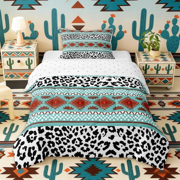 Erosebridal Teal Brown Aztec Twin Comforter Sets, White Black Leopard Print Bedding Set, Reversible 2pcs, 1 Comforter and 1 Pillowcase