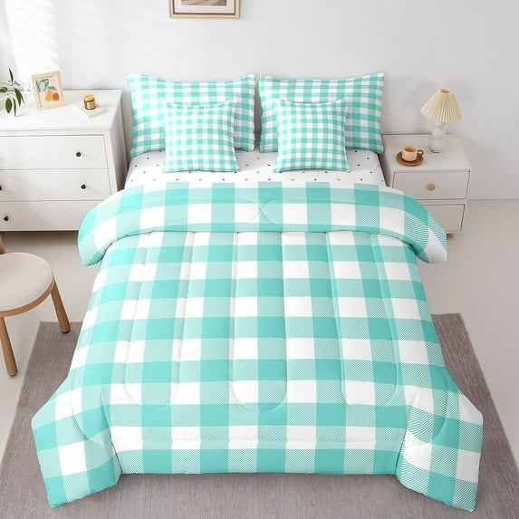 Erosebridal Teal Buffalo Bedding Sets King Size,Abstract Artwork Bed in a Bag King size,Geometric Plaid Bedding King Size,Super Cozy Grid Room Decorative,7-Piece