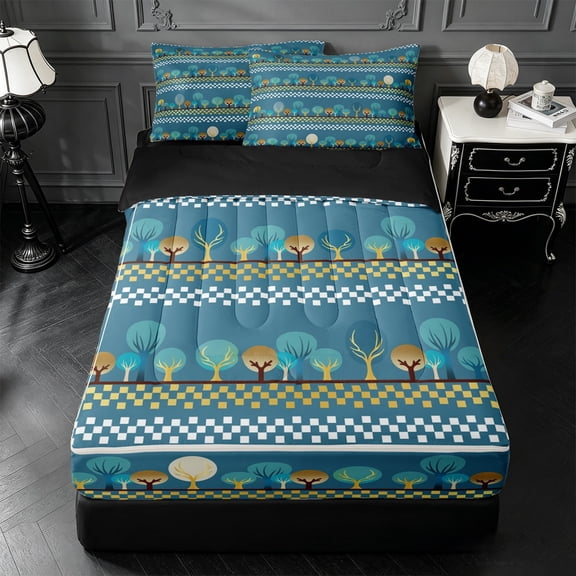 Erosebridal Teal Cartoon Tree Zipper Queen Comforter Set with Fitted Sheet and 2 Pillowcases,Checker Striped Tree Print Zipper Bedding Set For Adults,Black Reversible,4-Piece
