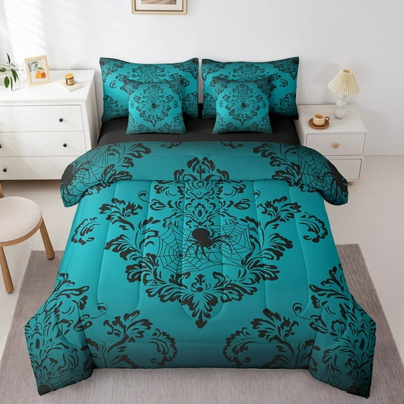 Erosebridal Teal Damask Bedding Full Size, Gothic Spider Bed Set, Hippie Flower Floral Reversible Bed in a Bag Full size, Lightweight Room Decorative, 7pcs