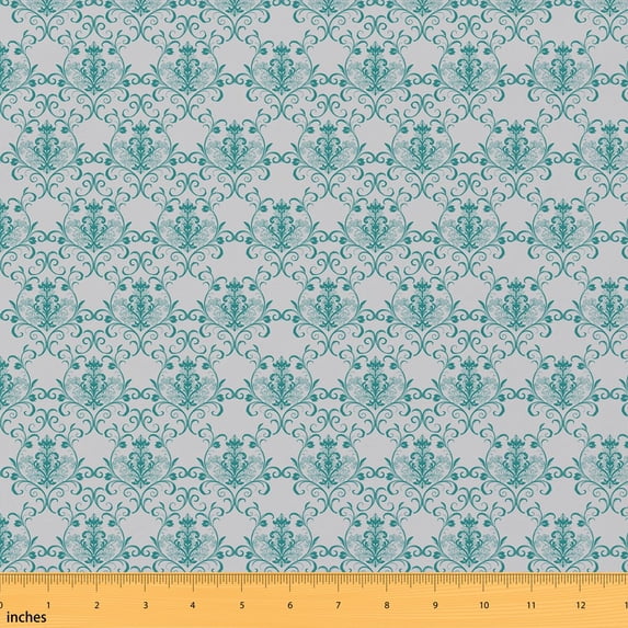 Erosebridal Teal Damask Fabric by the Yard 3 Yards, Vintage Floral Scroll Room Decor Fabric by the Yard