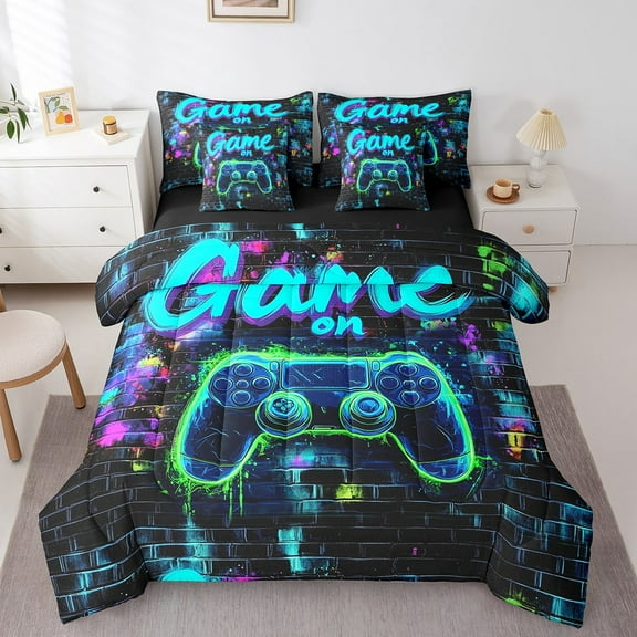 Erosebridal Teal Gamepads Bedding Sets Twin Size,Geometric Plaid Comforter Sets with Sheets,Video Game Bed in a Bag Twin size,Microfiber Gamer Room Decorative,Reversible,7pcs