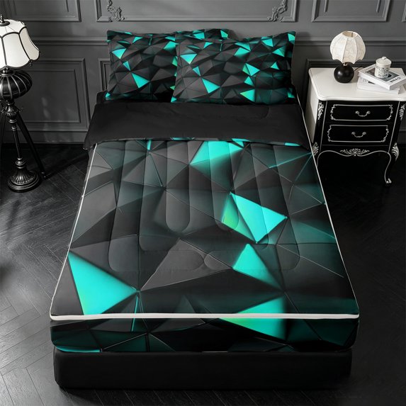 Erosebridal Teal Geometric Triangle Zipper Queen Comforter Set with Fitted Sheet and 2 Pillowcases,Neon Tech Modern Pattern Zipper Bedding Set For Boys,Black Reversible,4-Piece