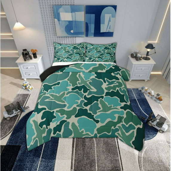 Erosebridal Teal Green Camouflage Comforter Sets King Size, Aesthetic Abstract Artwork Comforters & Duvets, Camo Bedroom Decor, Reversible 3-Piece