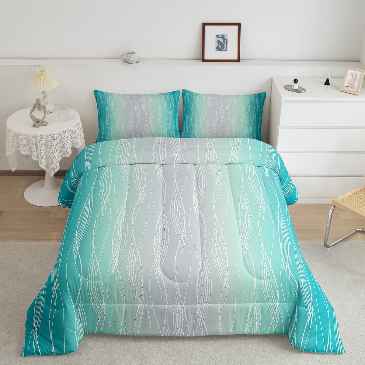 Erosebridal Teal Greyish White Bedding Set Turquoise Ombre Comforter ...
