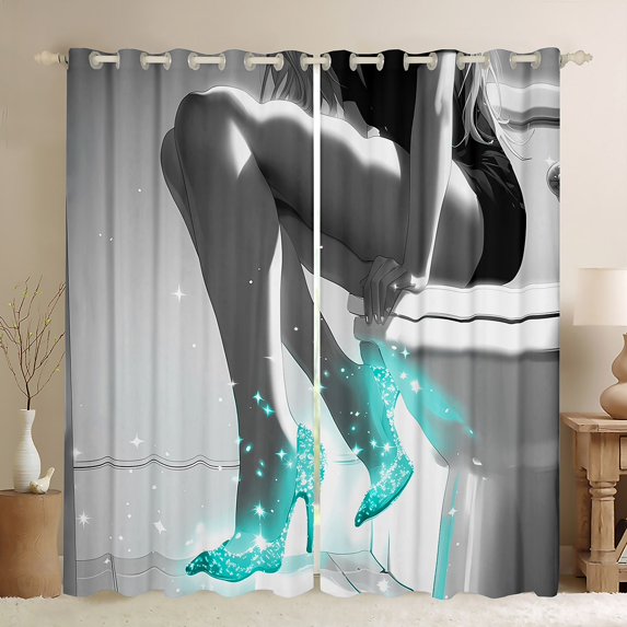Erosebridal Teal High Heels Curtains and Drapes (38Wx54L),Bling Glitter 30%-50% Blackout Curtains for Bedroom,Dreamy Princess Curtains Pack of 2 (38Wx54L),Fashion Room Decorative