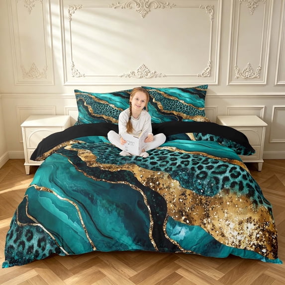 Erosebridal Teal Marble Cheetah Gold Duvet Cover King,Modern Cyan ...