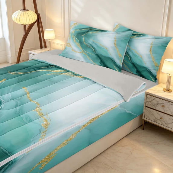Erosebridal Teal Marble Zipper Full Size Comforter Sets with Fitted Sheet and 2 Pillowcases, Watercolor Marbling Zipper Bedding Set, Gray Reversible