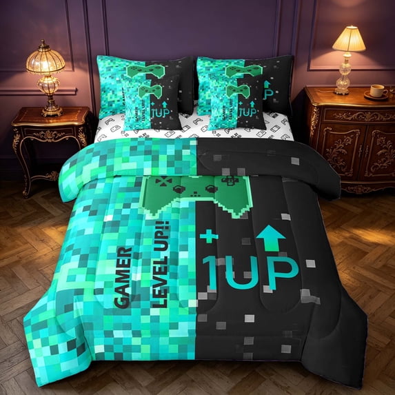Erosebridal Teal Neon Gaming Pad 7-Piece King Bedding,Pixel Game ...