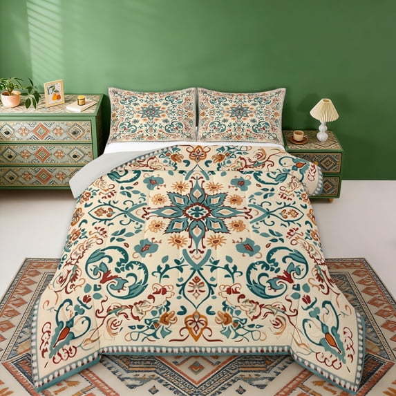 Erosebridal Teal Orange Mandala Queen Comforter Set, Bohemian Exotic Style Bedding Comforter Set, Gray Reversible 3 Pieces, 1 Comforter and 2 Pillowcases