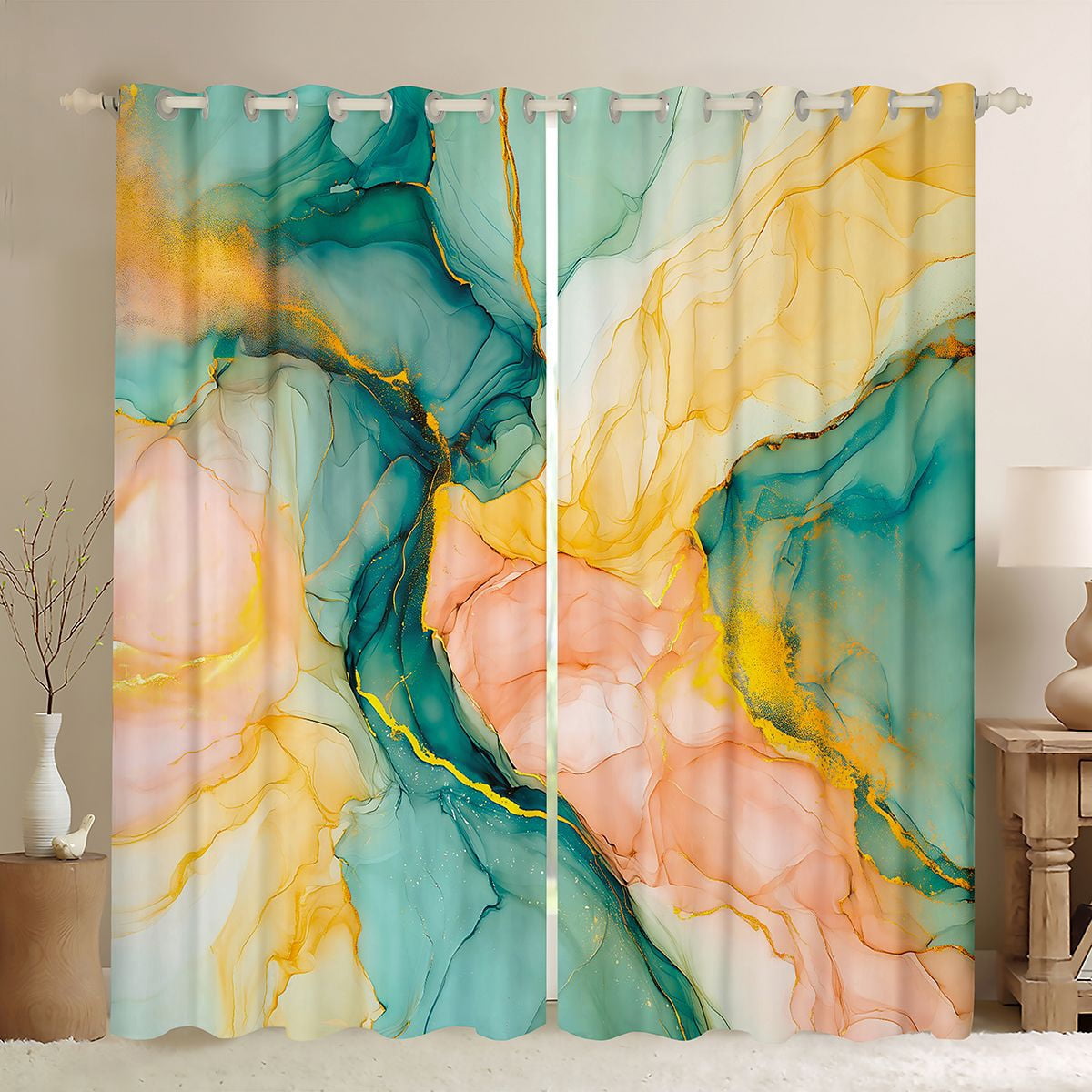 Globalization Orange Erosebridal Teal Orange Marble Wash Blackout Curtains Set of 2 (52x84 ...