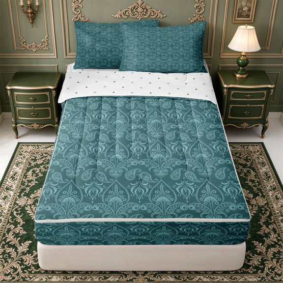 Erosebridal Teal Paisley Pattern Zipper Queen Comforter Set with Fitted Sheet and 2 Pillowcases,Light Teal Motif Zipper Bedding Set,Reversible,4pcs