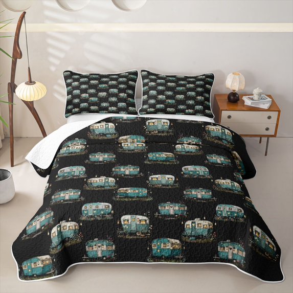 Erosebridal Teal RV Car Quilt King, Black Cartoon King Coverlet Set for Women, 3pcs