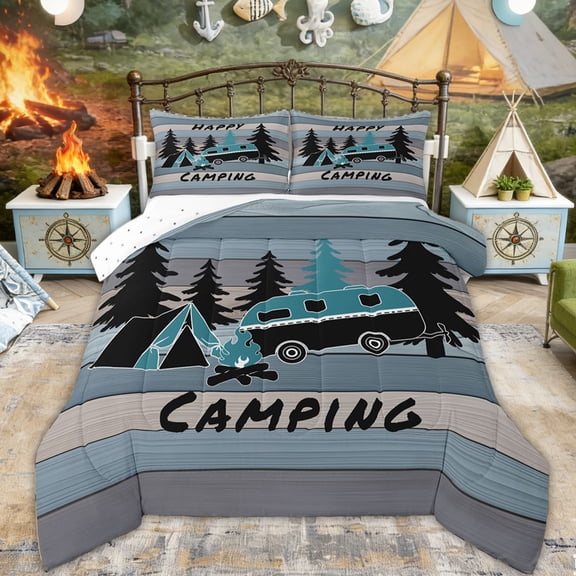 Erosebridal Teal RV Car Tent Full Size Comforter Sets, Rustic Farmhouse Bedding Sets for Men and Women, 3-Piece