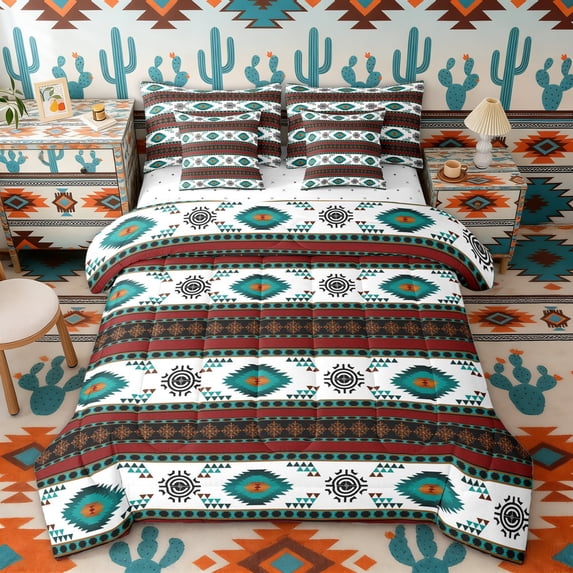 Erosebridal Teal Red White Black Twin Bedding Sets, Aztec Geometric Bedding Comforter Set, Reversible 7-Piece