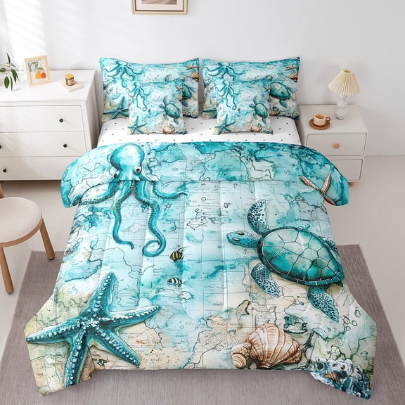 Erosebridal Teal Starfish Bedding King Size, Sea Turtle Bed Set, Vintage World Map Reversible Bed in a Bag King size, Microfiber Bedroom Decoration, 7pcs