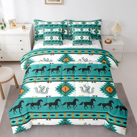 Erosebridal Teal Western Bedding Twin Size, Rustic Farmhouse Aztec Comforter Sets with Sheets, Horse Horseshoes Bedroom Decor, Reversible 7pcs