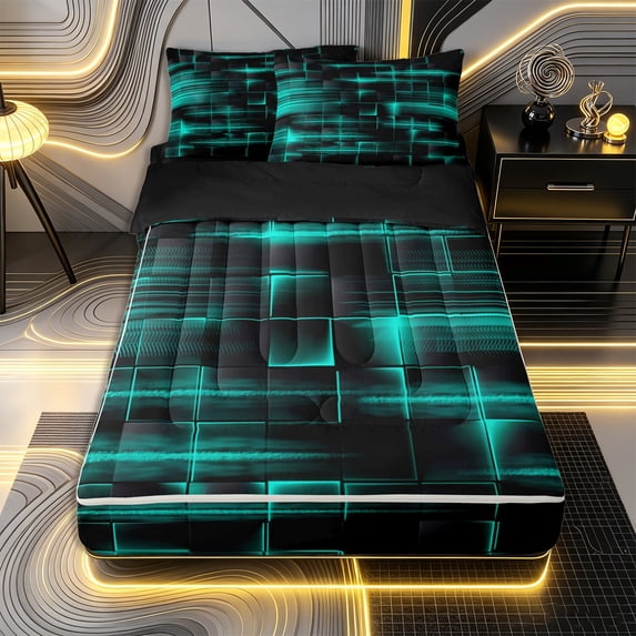 Erosebridal Tech Chic Zipper Full Size Comforter Sets with Fitted Sheet and 2 Pillowcases,Neon Block Print Zipper Bedding Set,Teal Black,Black Reversible