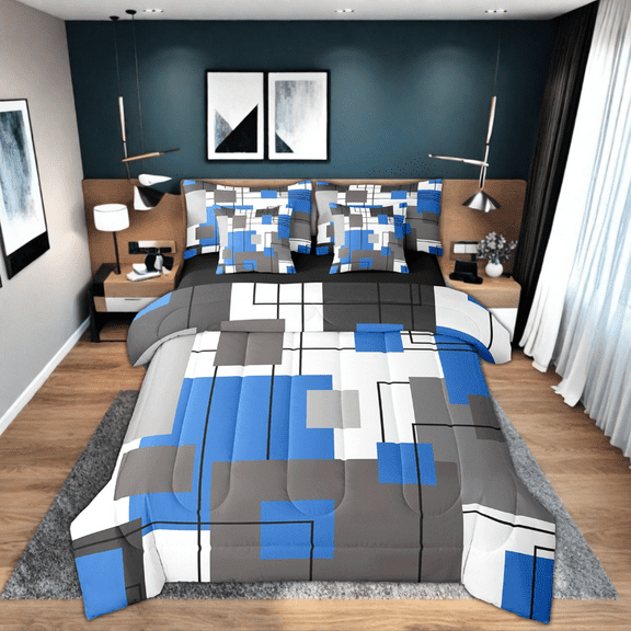 Erosebridal Teen Blue Square Bedding Set King Black Grey Geometric Square Bed In A Bag Black Geometry Striped Comforter Set 7 Piece Modern Abstract Bedding Comforter Sets