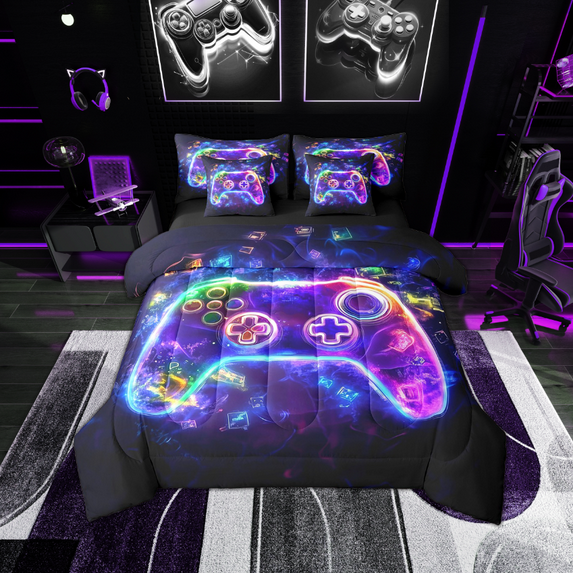Erosebridal Teen Gamepads Bed in a Bag Full size,Blue Purple Bed Set,Video Game Bedding Full Size,Breathable Gamer Bedroom Decorative,Reversible,7pcs
