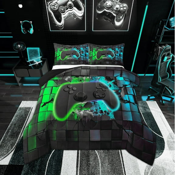 Erosebridal Teen Gamepads Bedding Twin Comforter Set,Blue Green Down Comforter,Geometric Buffalo Bedding Sets Twin with Comforter,Breathable Gradient Bedroom Decorative,Reversible,2-Piece