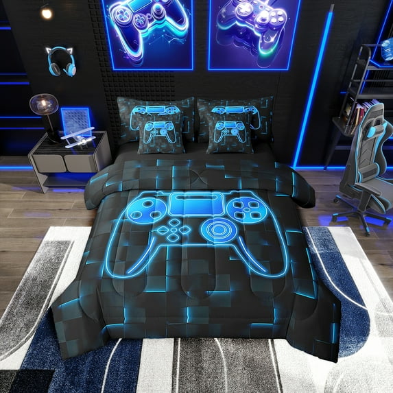 Erosebridal Teen Gamer Gaming Bedding Full Size 7pcs, Black and Blue, Lightweight