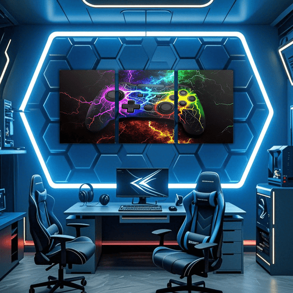 Erosebridal Teen Gaming Gamer Canvas Wall Art for Bedroom, Gamepad Print Wall Hanging Decor for Living Room, Rainbow Lightning Wall Decor for Bathroom, Luxury Living Room Decorative