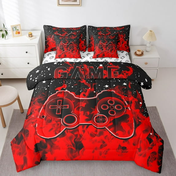 Erosebridal Teen Video Game Bed in a Bag Full size,Black Red Bed Set,Gamepads Gamer Bedding Full Size,Super Cozy Starry Sky Bedroom Decoration,Reversible,7pcs