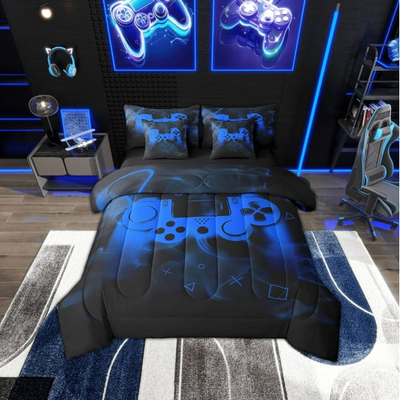 Erosebridal Teenage Gamer Bedding Queen Size, Gaming Video Game Comforter Sets with Sheets, Blue Gamepad Room Decor, Reversible 7-Piece