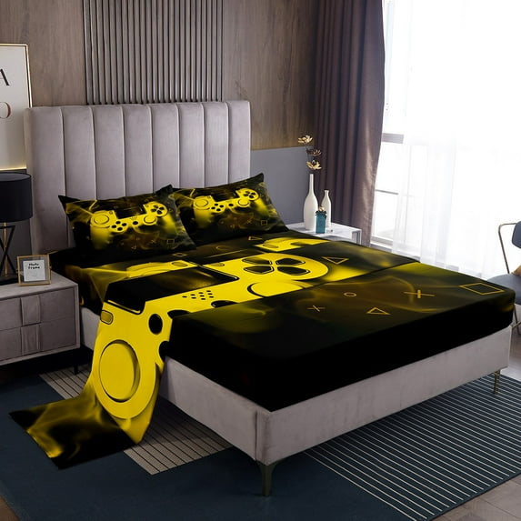 Erosebridal Teenage Gamer Sheet Set Queen, Gaming Video Game Bedding Sets Queen Size, Yellow Gamepad Room Decor 4-Piece