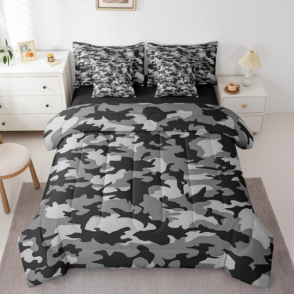 Erosebridal Teenager Camo Bed in a Bag Full size,Black Grey Bed Set,Military Theme Decor,Reversible,Lightweight,7-Piece