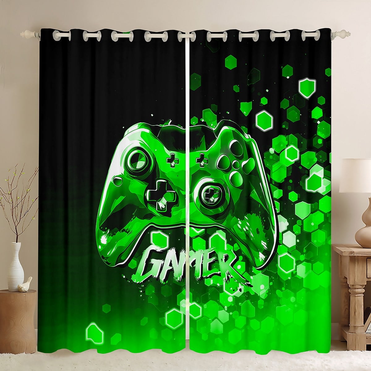 Erosebridal Teenager Gamepads Curtains Pack of 2 (42Wx63L),Black Green 30%-50% Black Out Curtains,Geometry Hexagon Curtains for Living Room,Ombre Bedroom Decorative