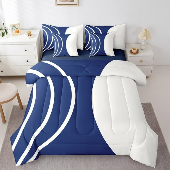 Erosebridal Teenager Geometric Stripes Bedding Sets Twin Size,Blue White Comforter Sets with Sheets,Abstract Decoration,Reversible,Lightweight,7-Piece