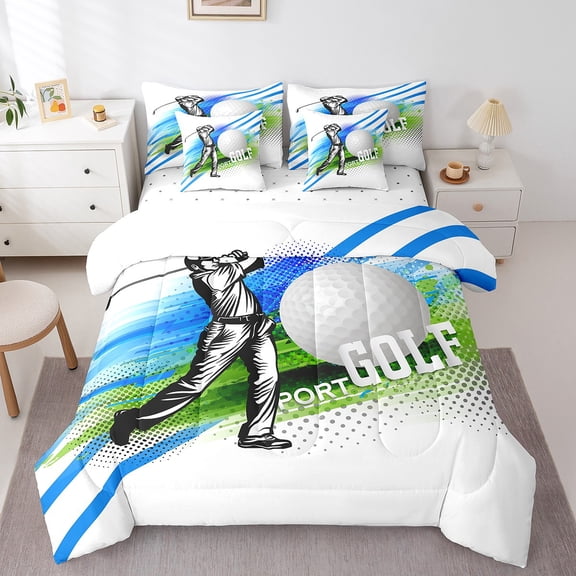 Erosebridal Teenager Golf Bedding Queen Size,Sport Theme Bedding Sets Queen Size,Blue Green Comforter Sets with Sheets,Super Cozy Gradient Room Decorative,7 Pieces