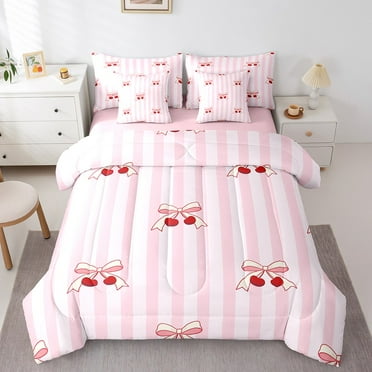 Erosebridal Teenager Kawaii Bow Bedding Sets Twin Size,Geometric Stripes Comforter Sets with Sheets,Cherry Decoration,Reversible,Lightweight,7-Piece