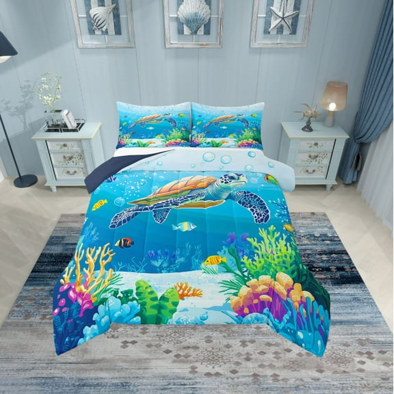 Erosebridal Teenager Sea Turtle Bedding Twin Comforter Set,Underwater World Down Comforter,Microfiber Reversible Bedding Sets Twin with Comforter,Sealife Room Decorative
