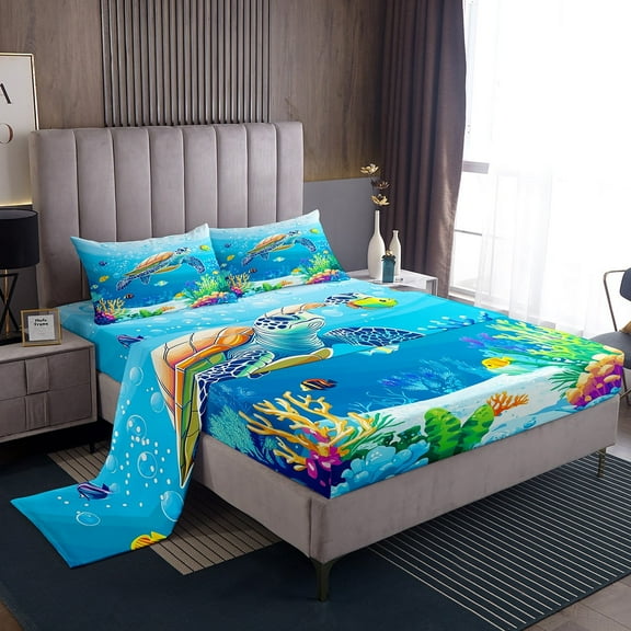 Erosebridal Teenager Sea Turtle Sheet Set Twin,Underwater World Bedding Sets Twin Size,Microfiber Bed Sheets Twin,Sealife Room Decorative,3pcs